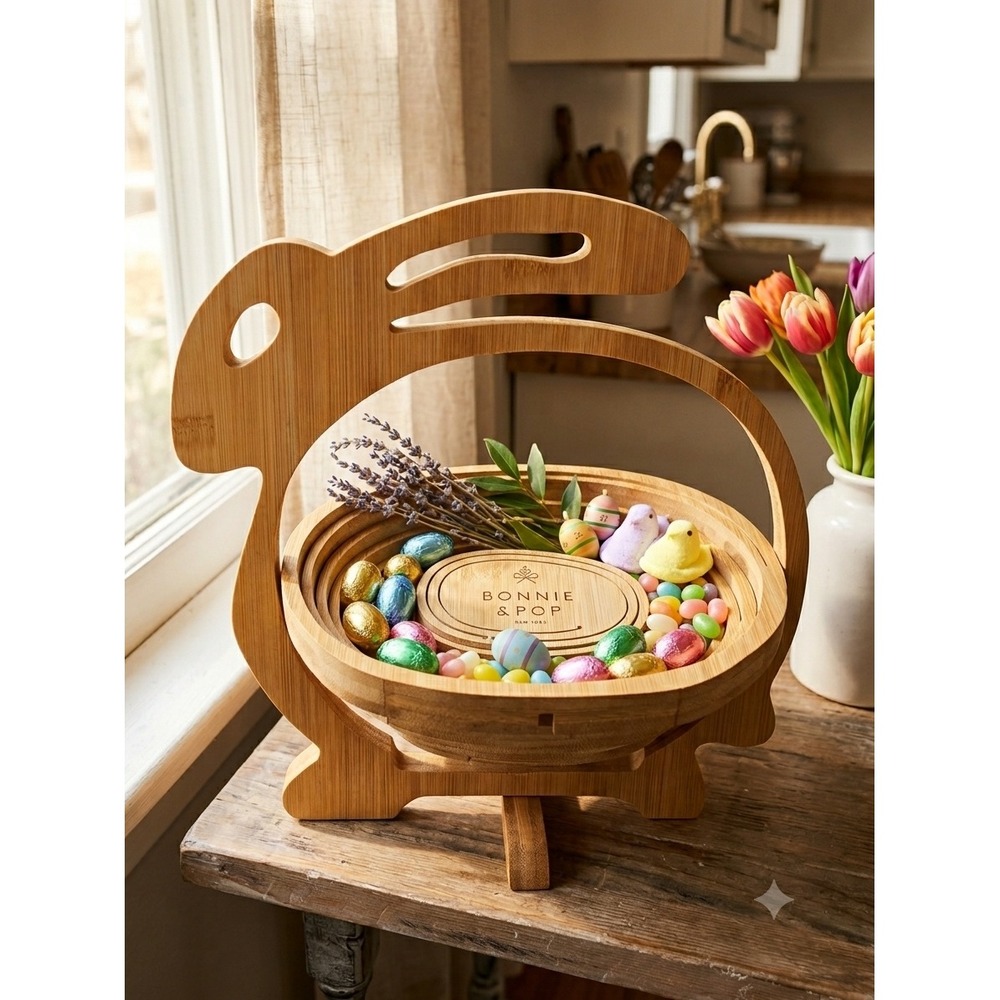Bonnie & Pop Bamboo Bunny Rabbit Collapsible Fruit Basket Trivet Cutting Board
